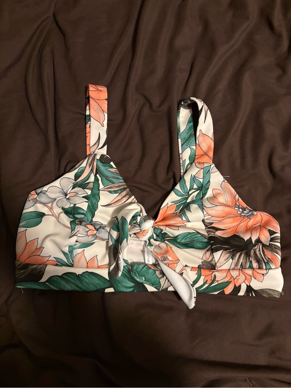 Tropical Floral Tie-Front Bikini Top - Green & Coral